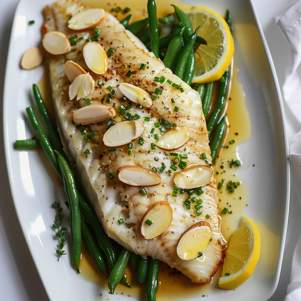 Un poisson grillé avec amandes et haricots verts, garni de quartiers de citron.