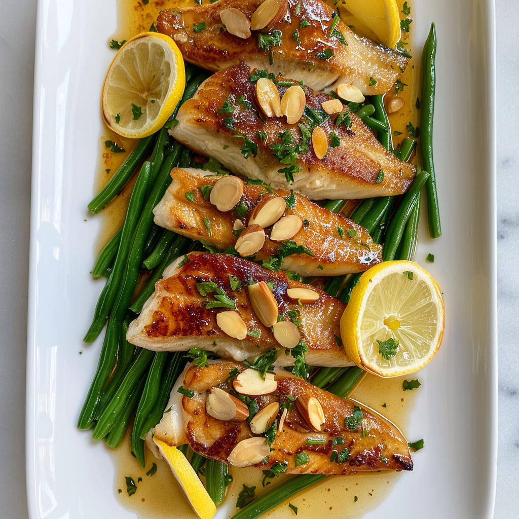 Filets de sole rapides à l'amandine, présentés sur un plateau blanc, avec légumes verts et amandes.
