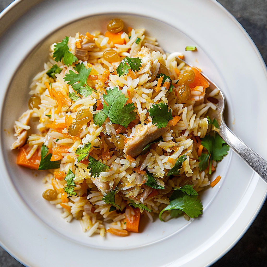 Une plate de riz avec des légumes et des épices.