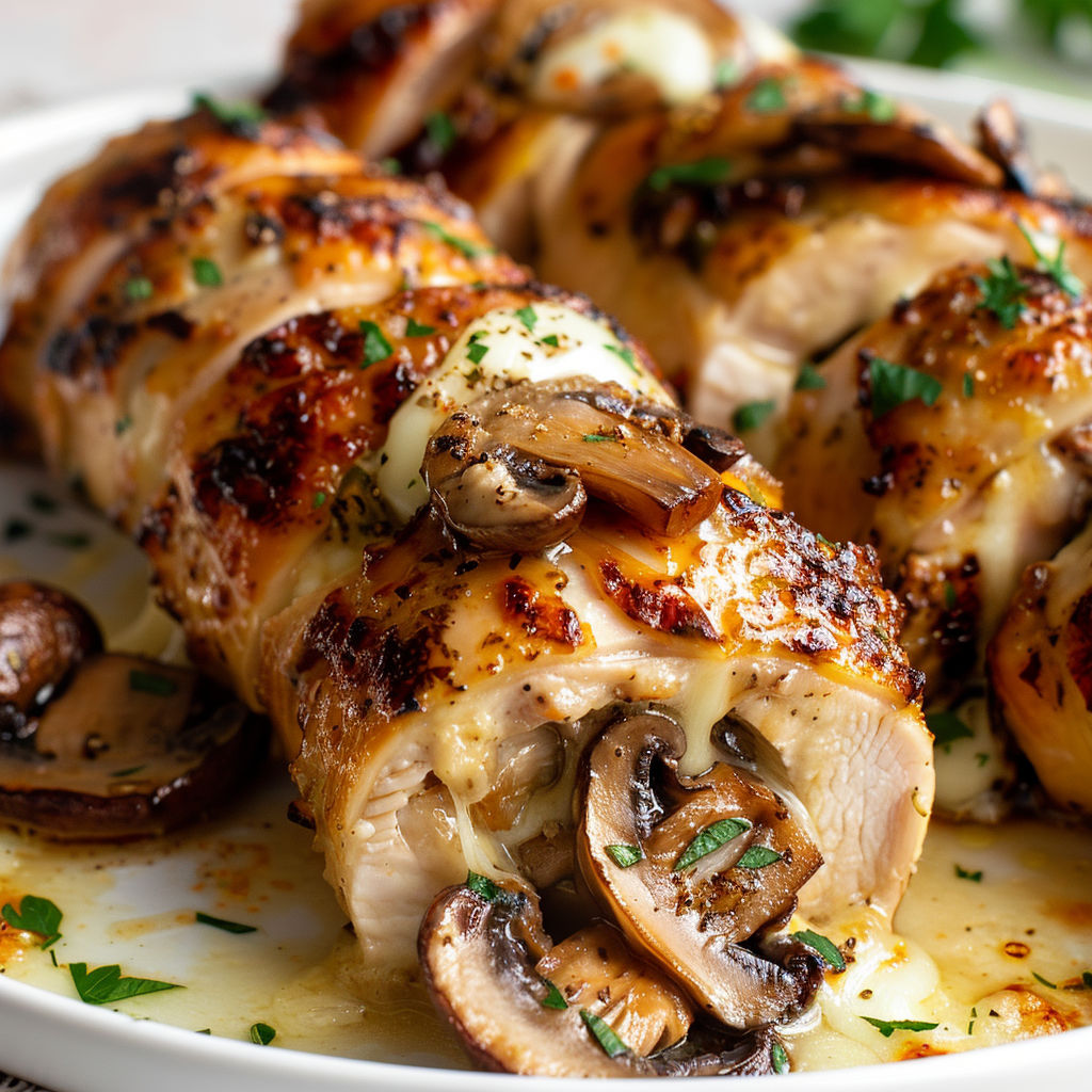 Poulet roulé avec des champignons et fromage fondant pour un repas réconfortant et simple.