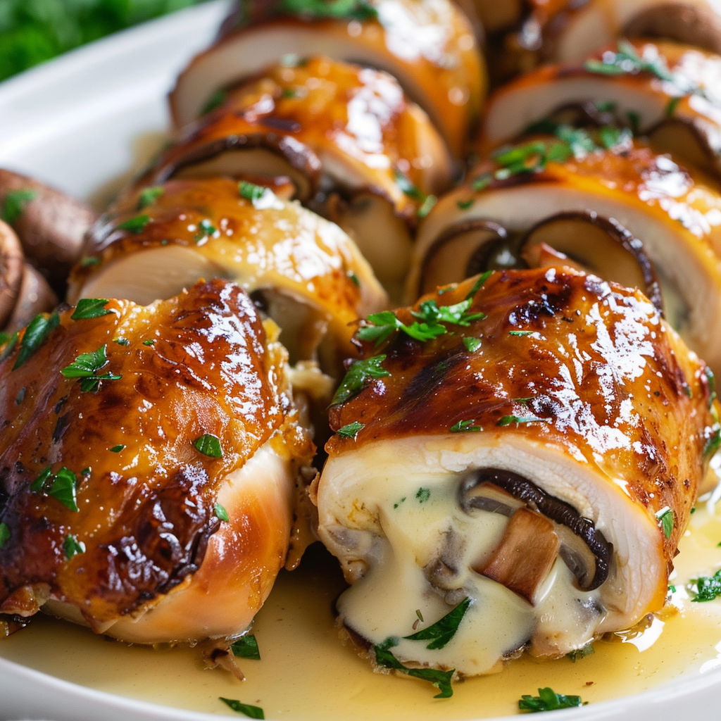 Plate of chicken roulés with mushrooms, served with a side of sauce.