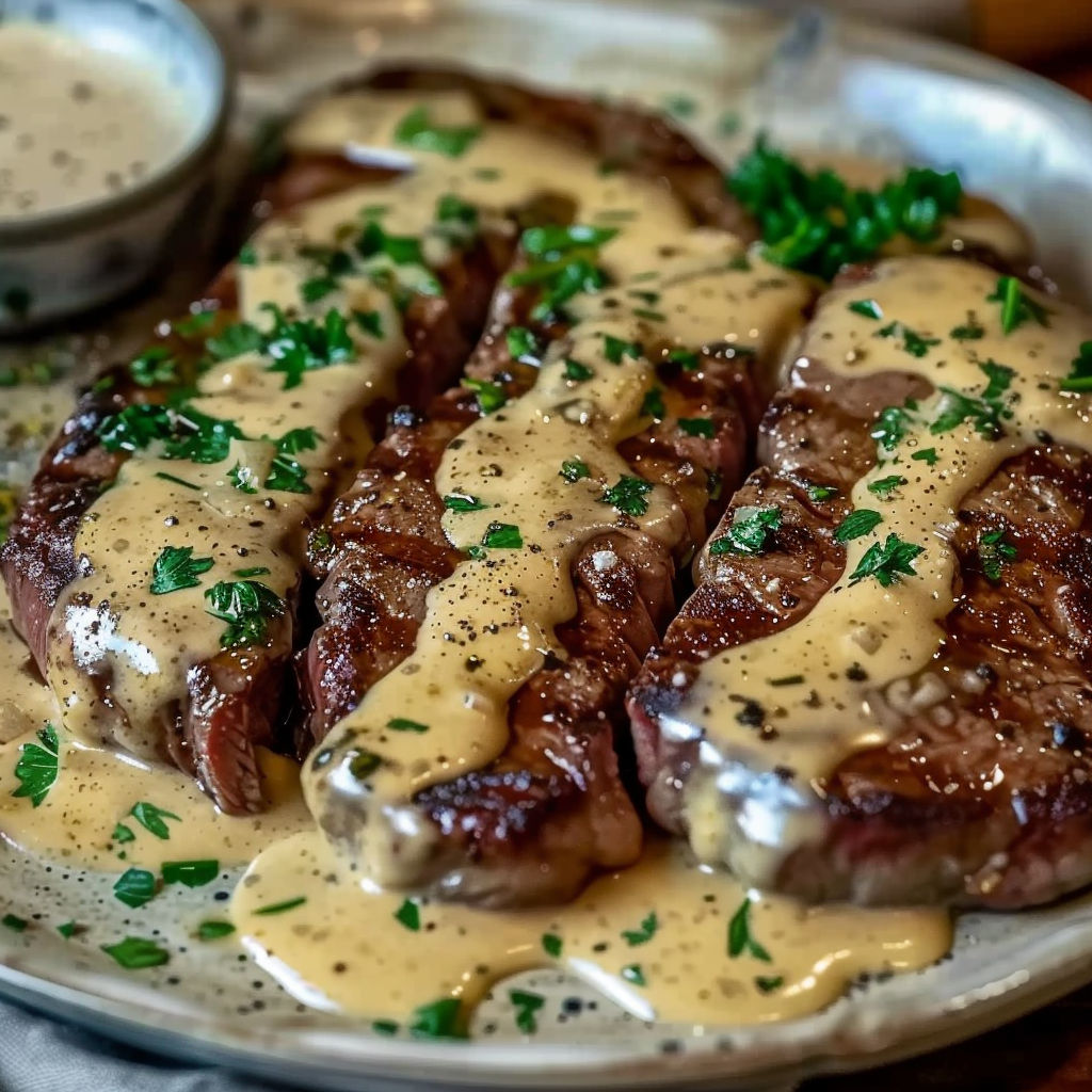 Steak juteux accompagné d’une sauce crémeuse et ail gourmand.