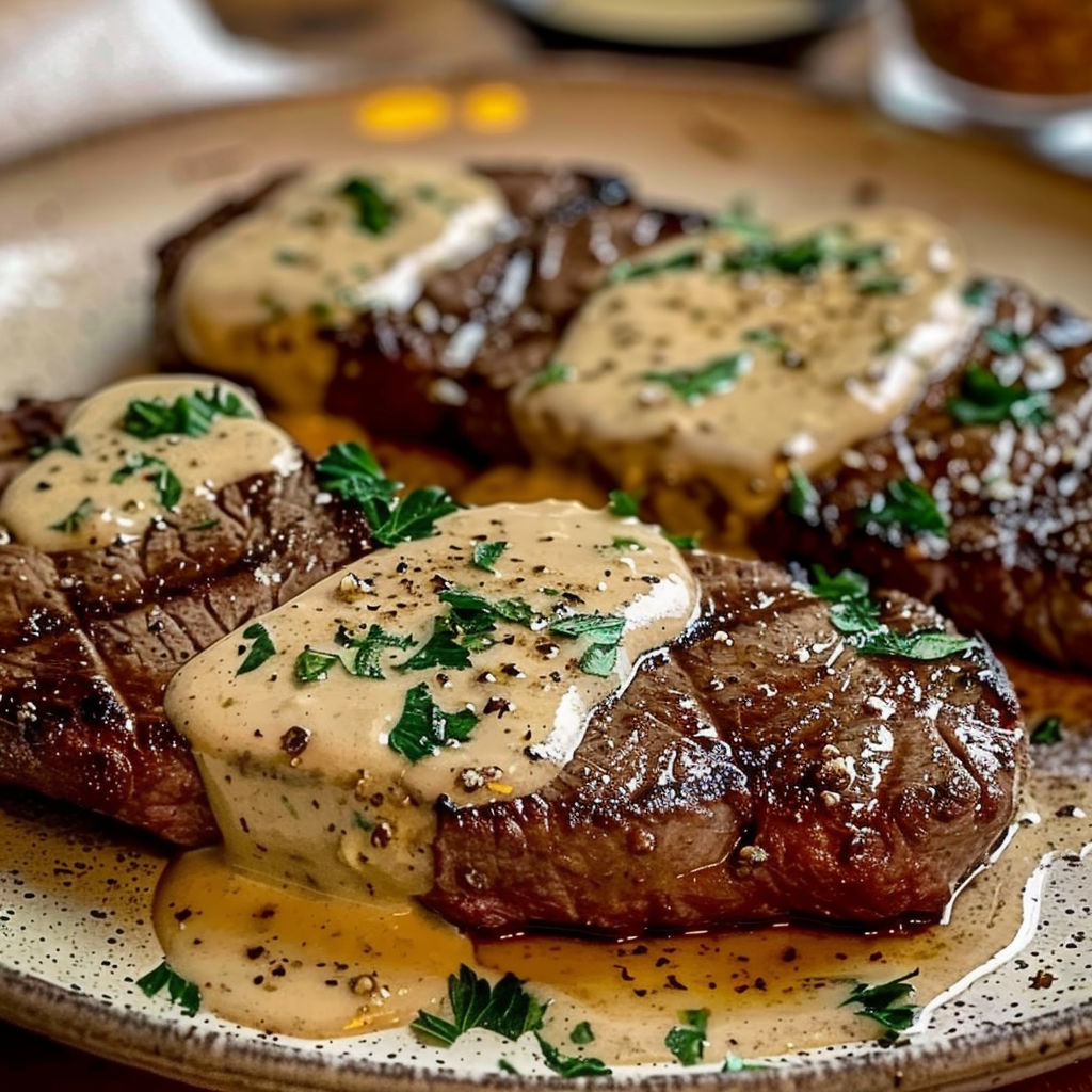 Un steak bien saisi avec une onctueuse sauce à l'ail.