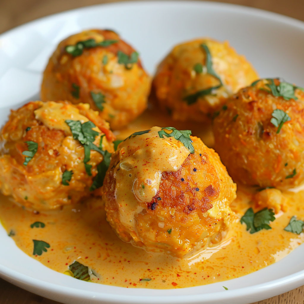 Plat de boulettes végétariennes avec sauce au curry et lait de coco.