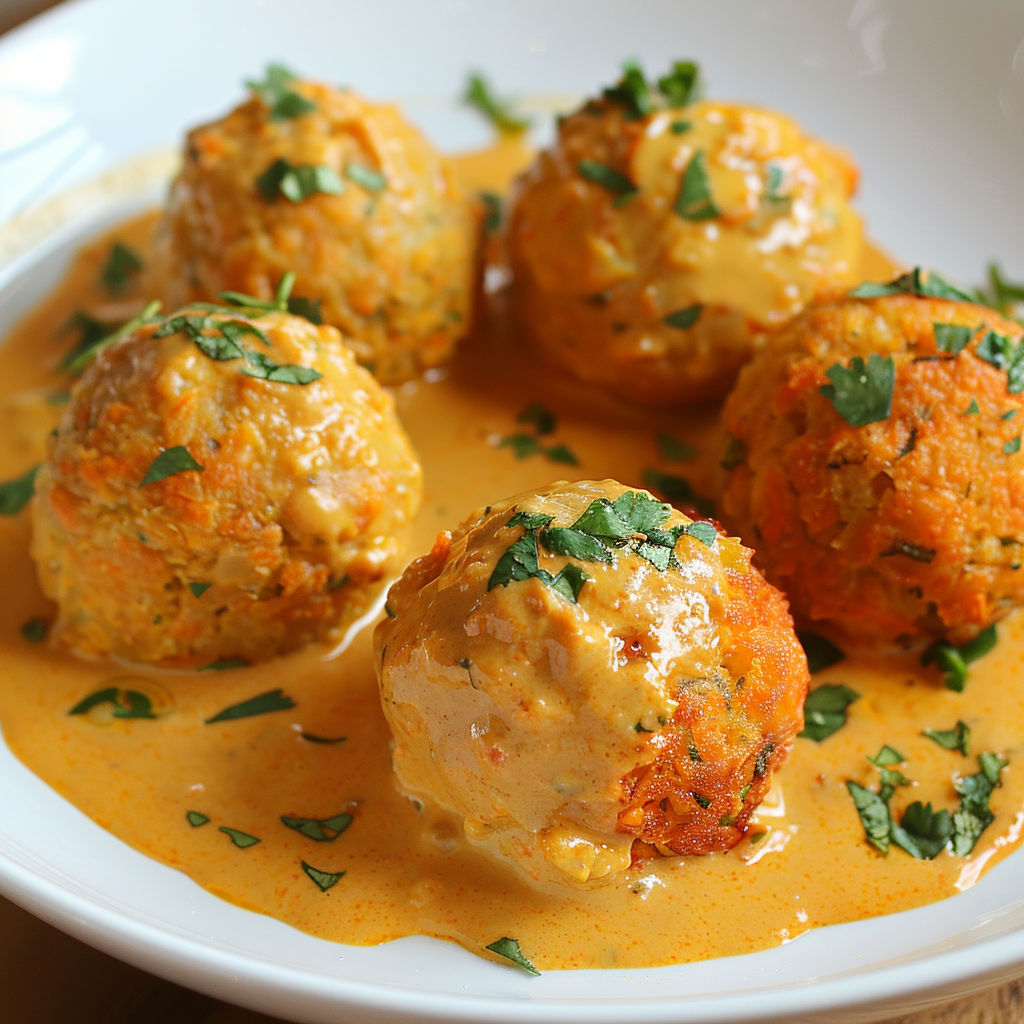 Plate of food with sauce and meatballs.