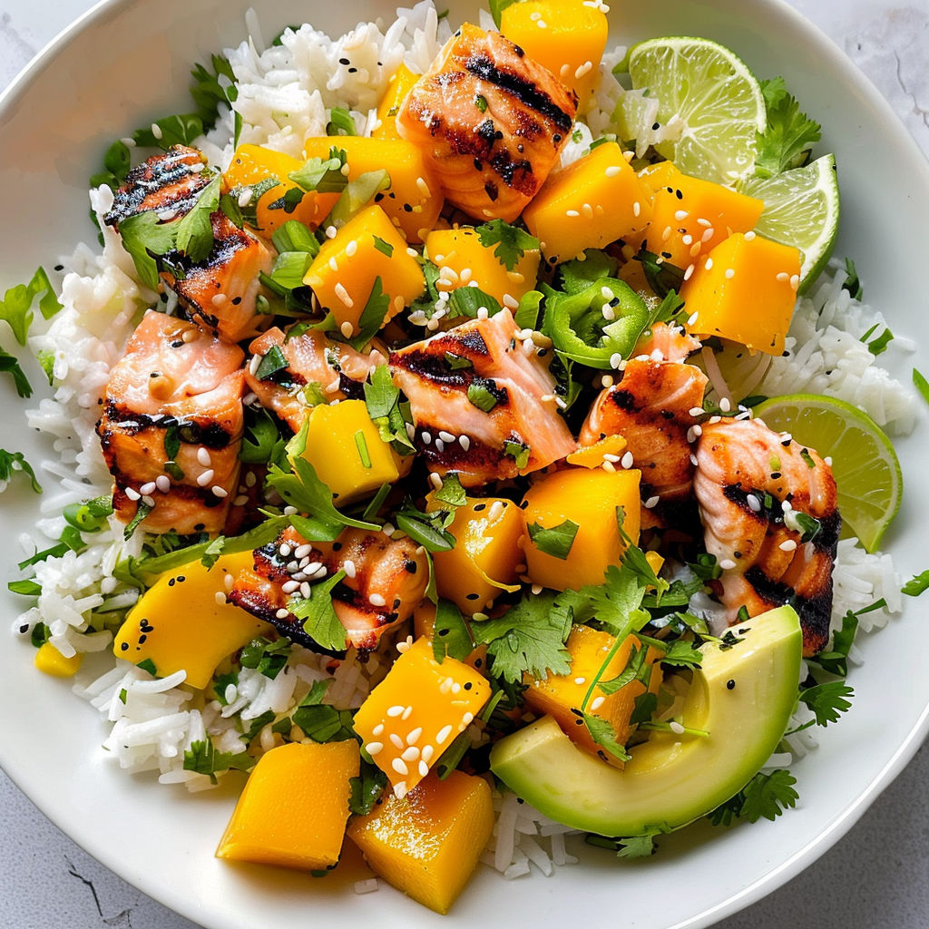 Plat coloré de salade à base de riz, saumon grillé et mangue.