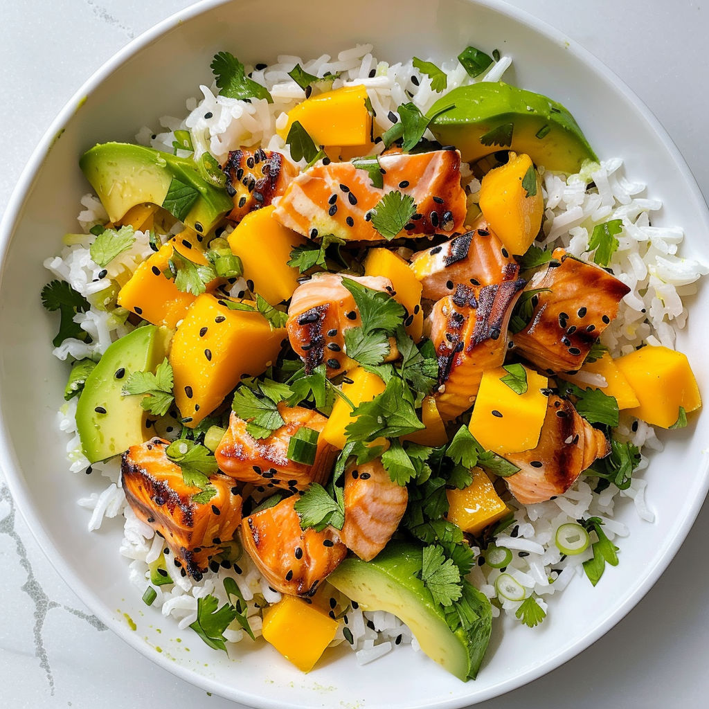 Un mélange savoureux où le riz basmati s'associe au saumon grillé tendre et aux morceaux de mangue juteuse.