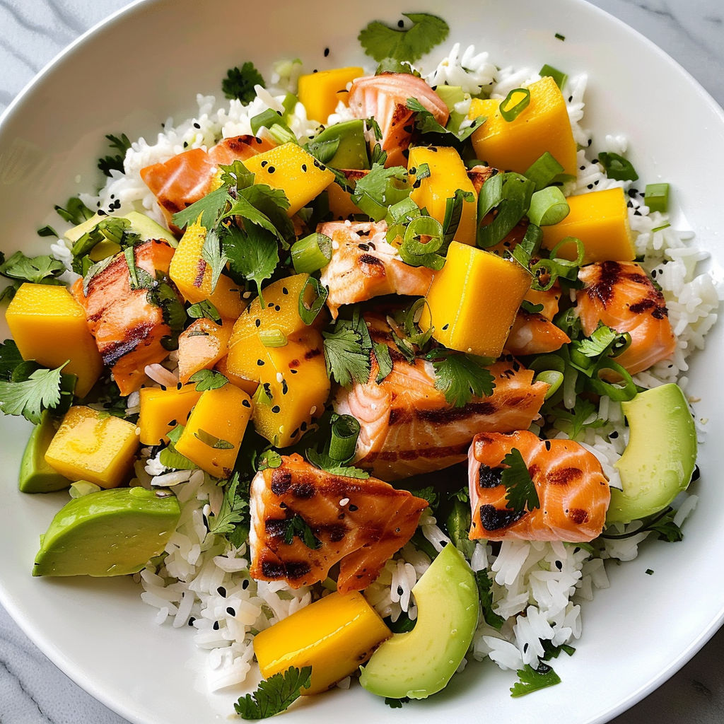 Un mélange coloré et exotique associant riz, saumon grillé, dés de mangue et notes de citron vert.