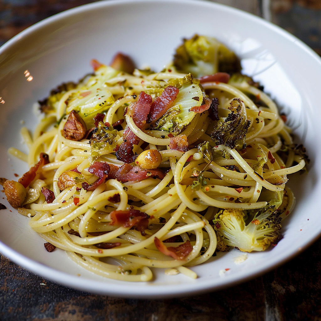 Un plat de spaghettis avec chou rôti, lardons croustillants et touches de vert, prêt à être dégusté.