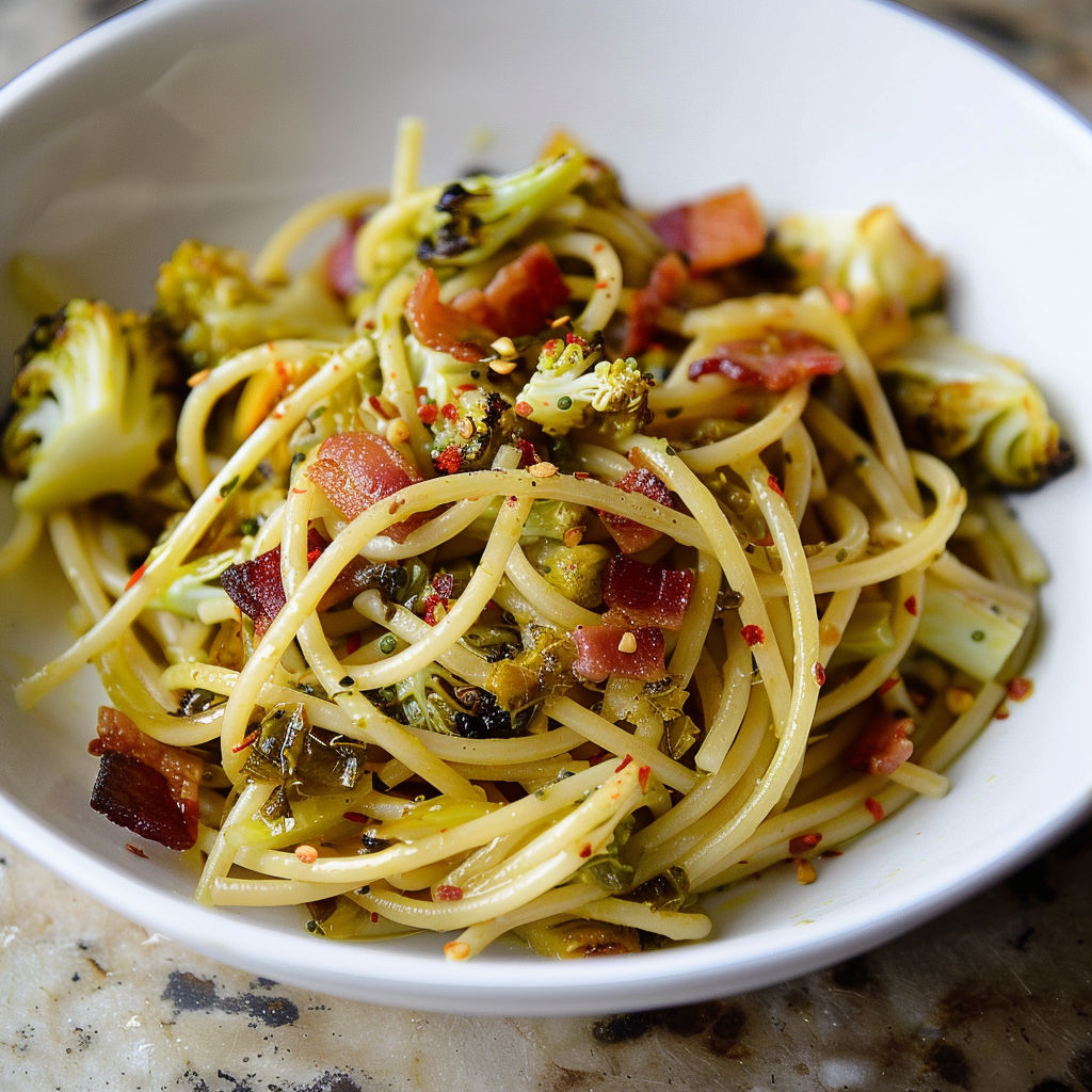 Une recette de pâtes économique et généreuse : spaghettis au chou caramélisé, lardons et touche de piment.