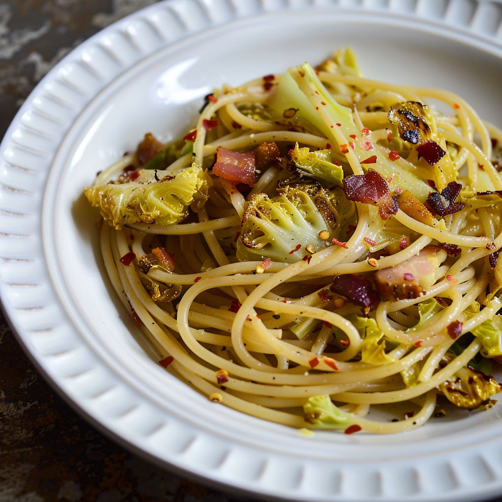 Un plat de spaghettis au chou rôti et lardons, un plat familial plein de caractère.
