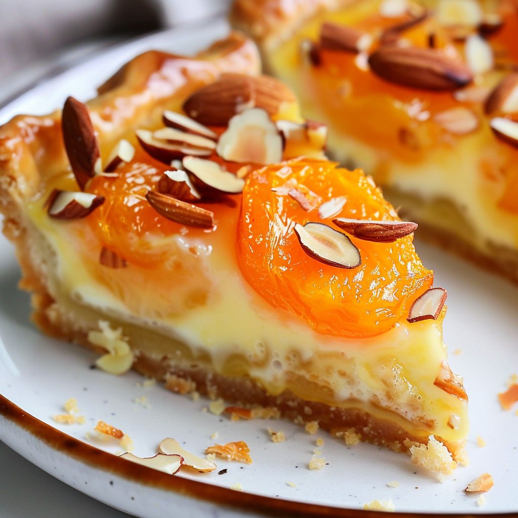 Une tarte savoureuse aux abricots et amandes, dressée sur un plateau.