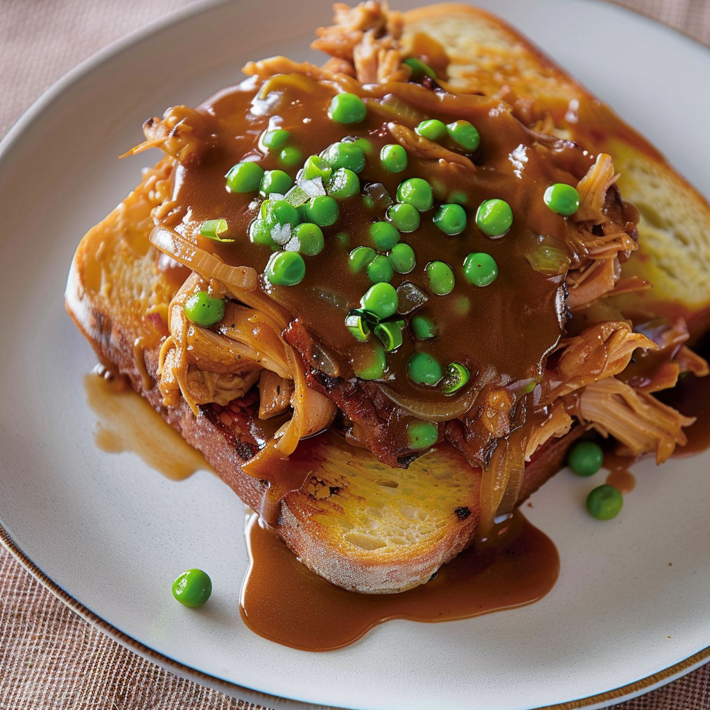 Un sandwich au canard avec des légumes et une sauce riche.