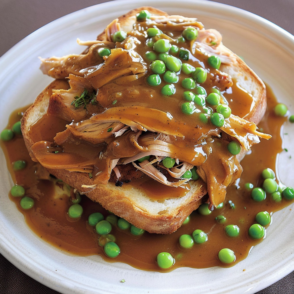 Une version révisée du Hot Chicken, avec des pommes de terre et des pois, est servie sur un plateau.