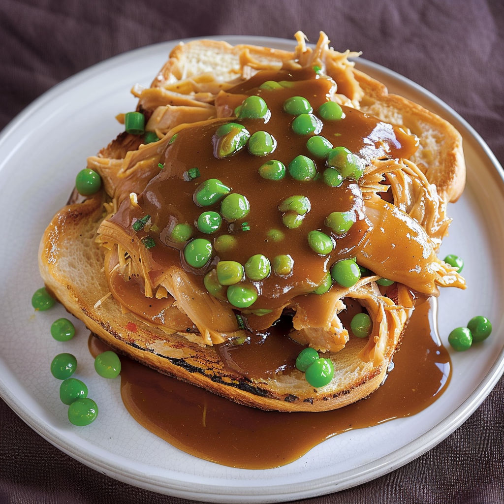 Une délicieuse collation de poulet confit et de sauce onctueuse, servie sur un pain grillé.
