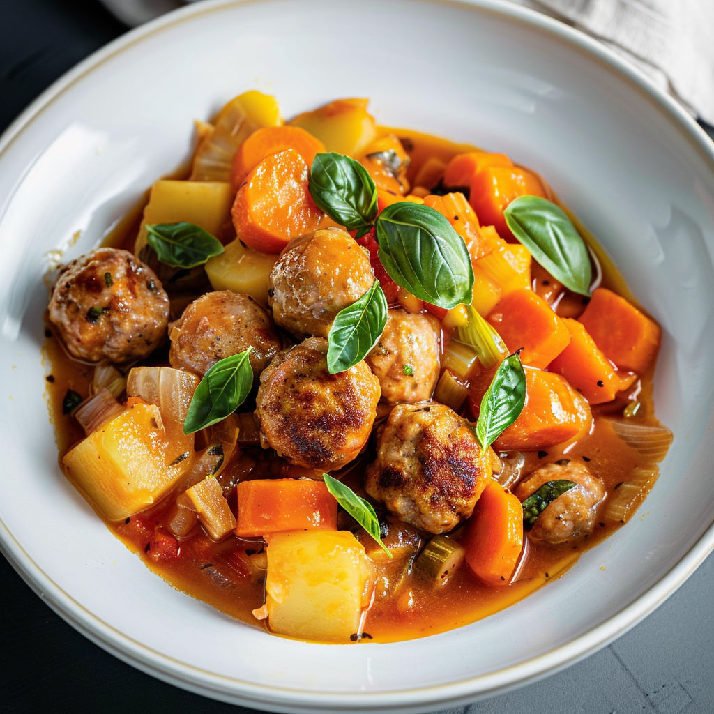 Un plat mijoté avec légumes et boulettes de saucisse, garni d’herbes fraîches.