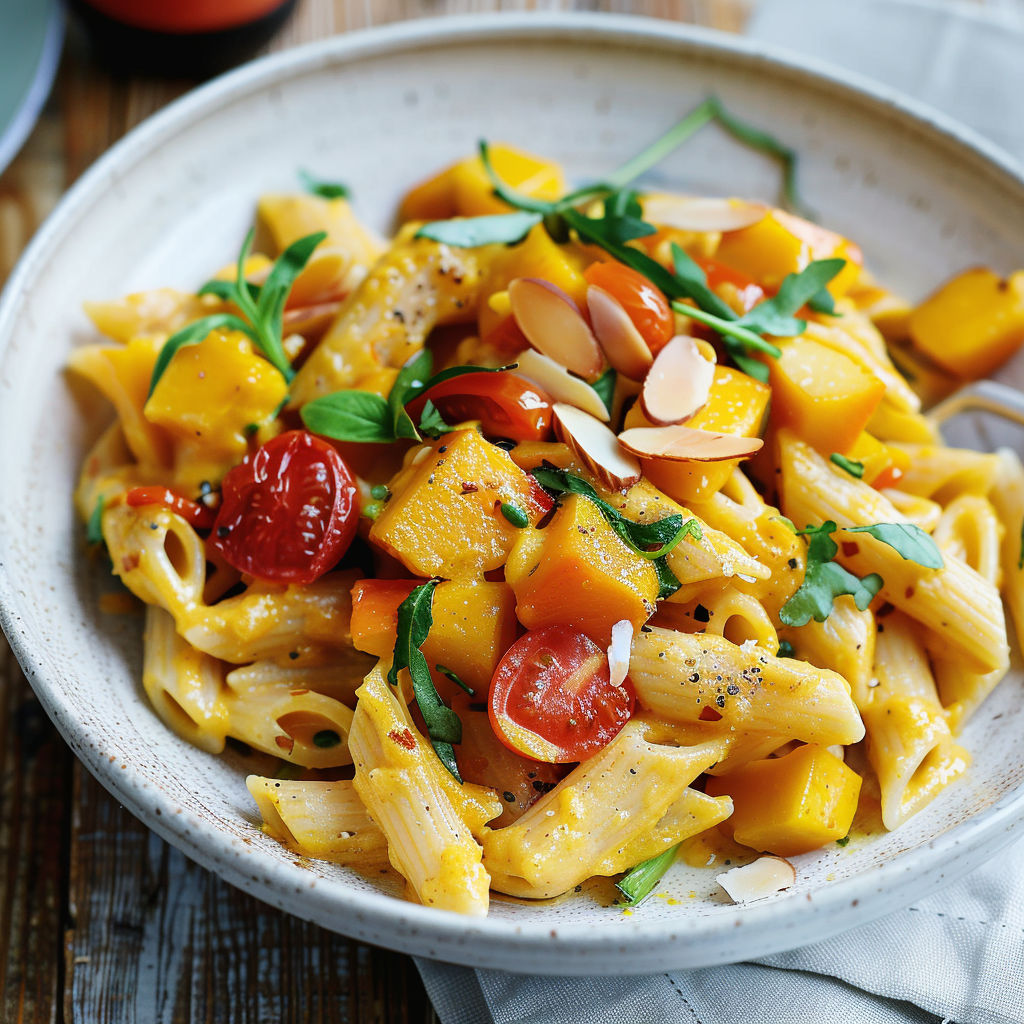 Des pennes de blé entier garnis de courge et d'épices avec une salade fraîche de tomates.