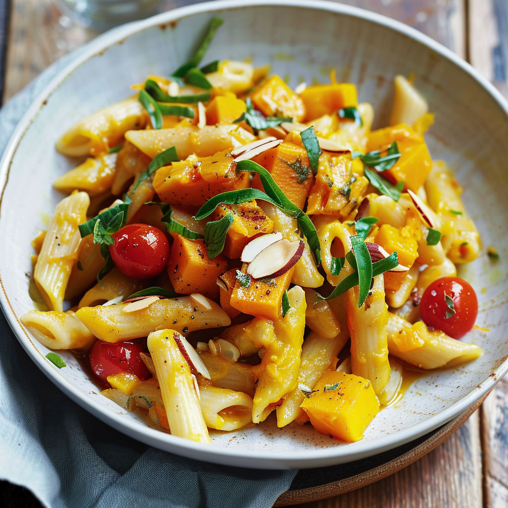 Une assiette de pennes crémeuses à la courge et cheddar fort, avec des tomates cerises et des épinards, est servie sur une table.