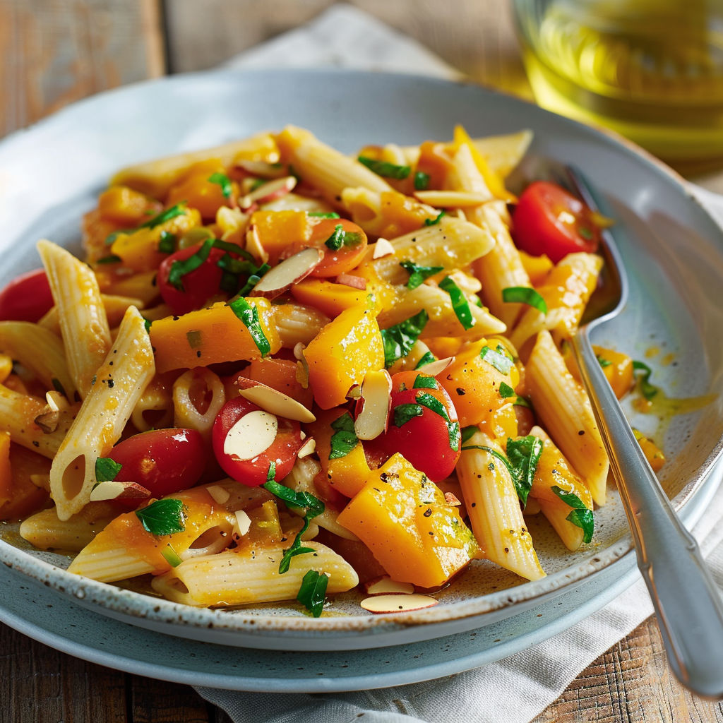 Une assiette de penne rustique avec des tomates et des amandes, accompagnée d'une fourchette.
