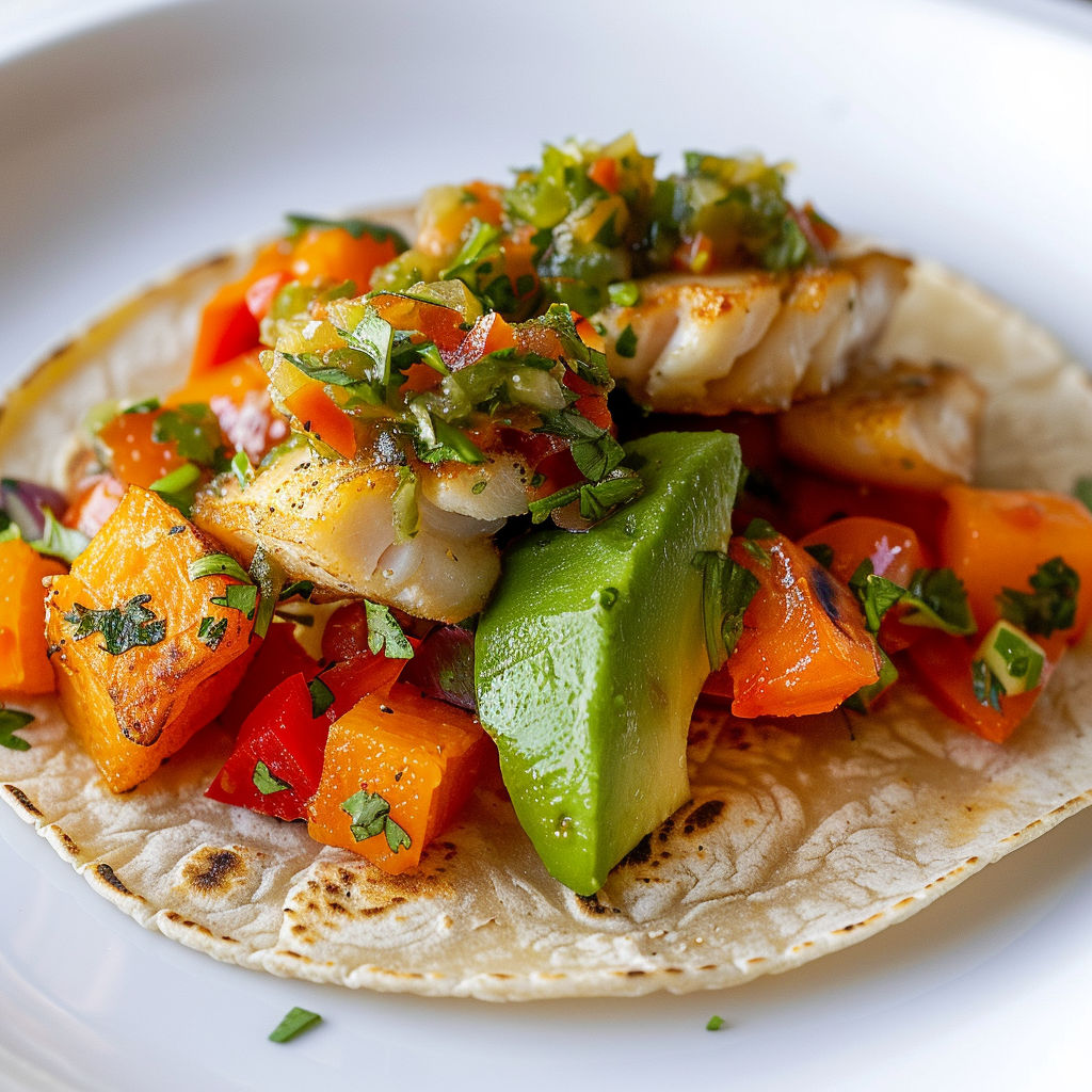 Une pâte de tortilla avec des légumes et des poissons grillés.