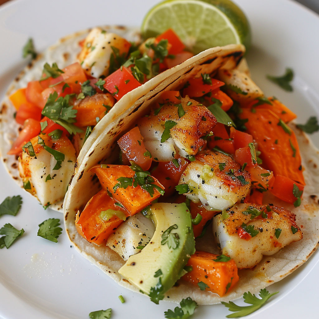 Un plat de tacos mexicains avec des légumes et des poissons.