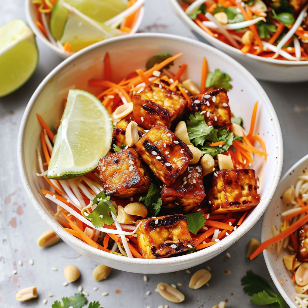 Une salade de carottes et de noix de cajou, avec des cubes de poulet grillés et des herbes fraîches.