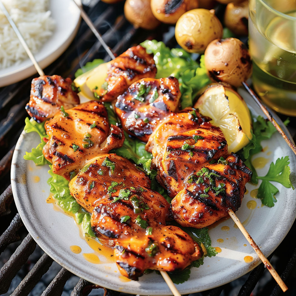 Descriez le plat de brochettes de poulet grilles avec des légumes et des légumes.