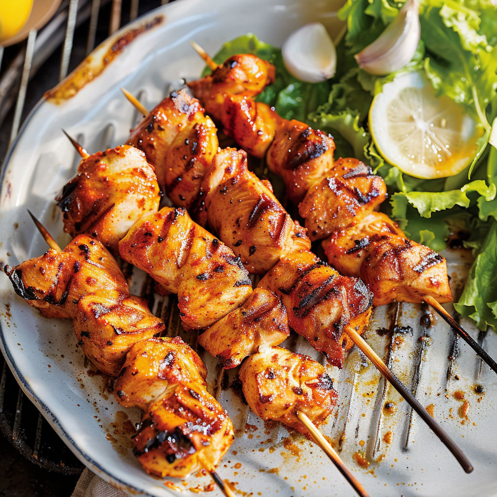 Descriez le plat de brochettes de poulet grillées avec des légumes et des citrons.