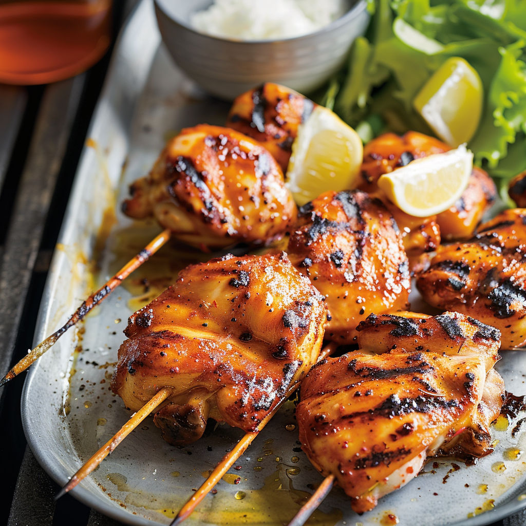 Brochettes de poulet doré avec citron et herbes, accompagnées d'une salade fraîche.
