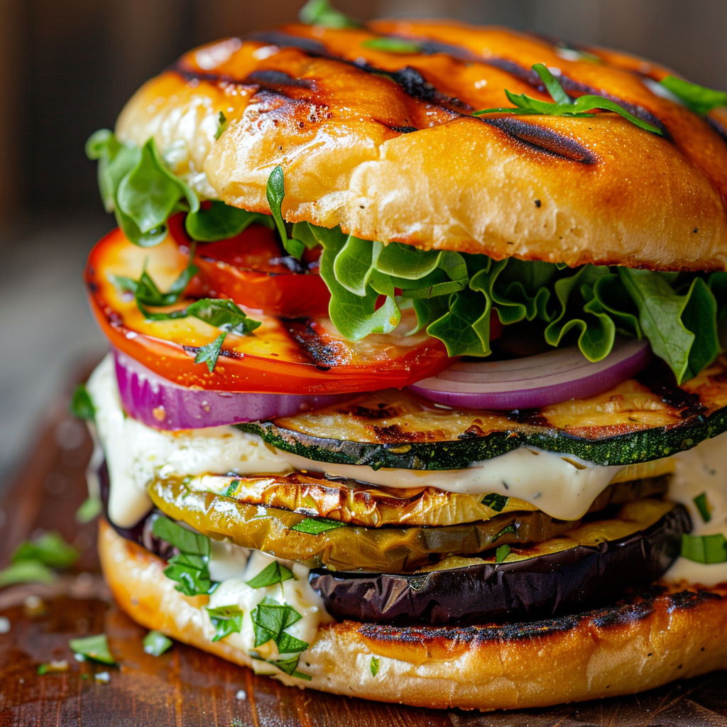 Un sandwiche végé avec des ingrédients grillés et savoureux.
