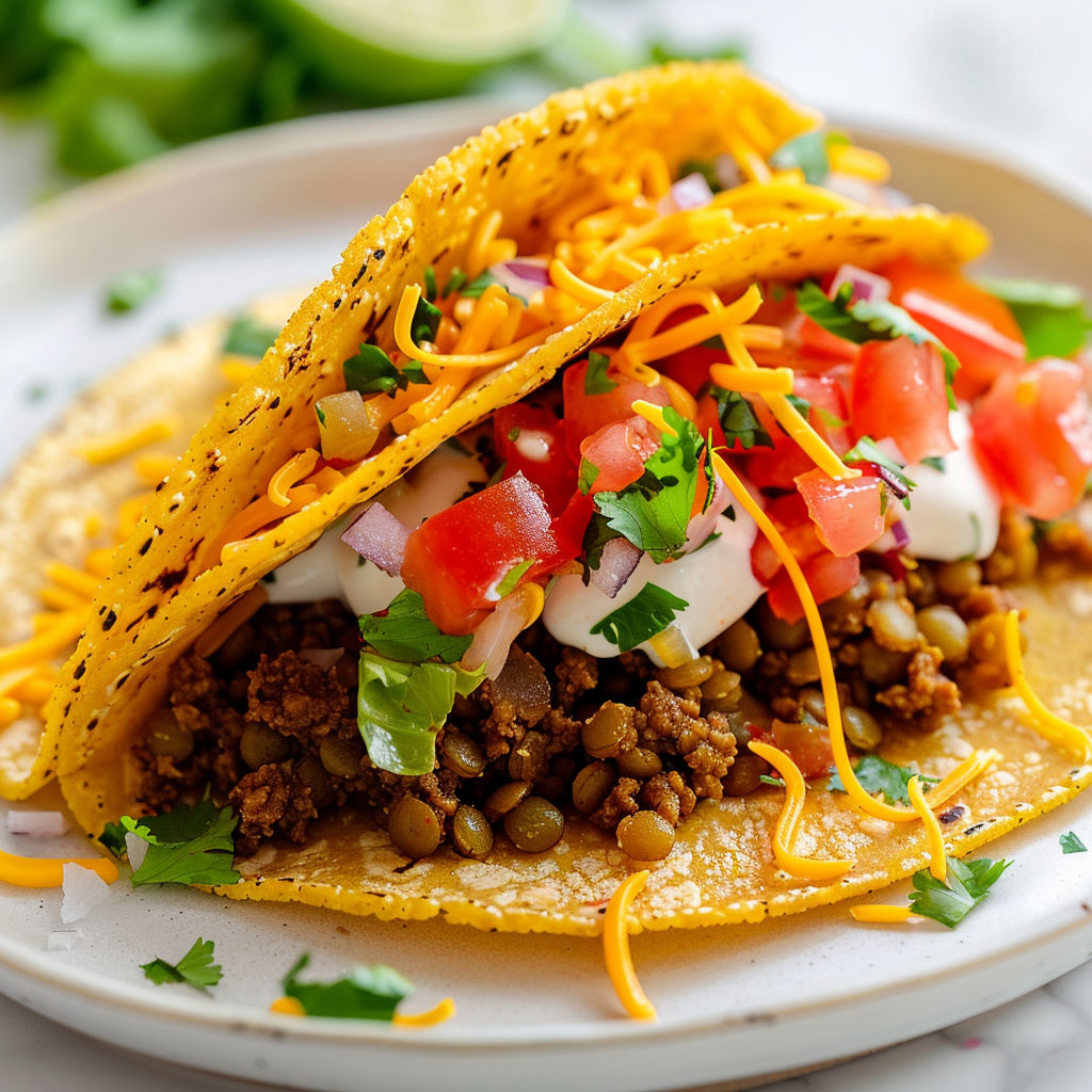 Un savoureux taco garni de lentilles, viande de bœuf, fromage et légumes frais.