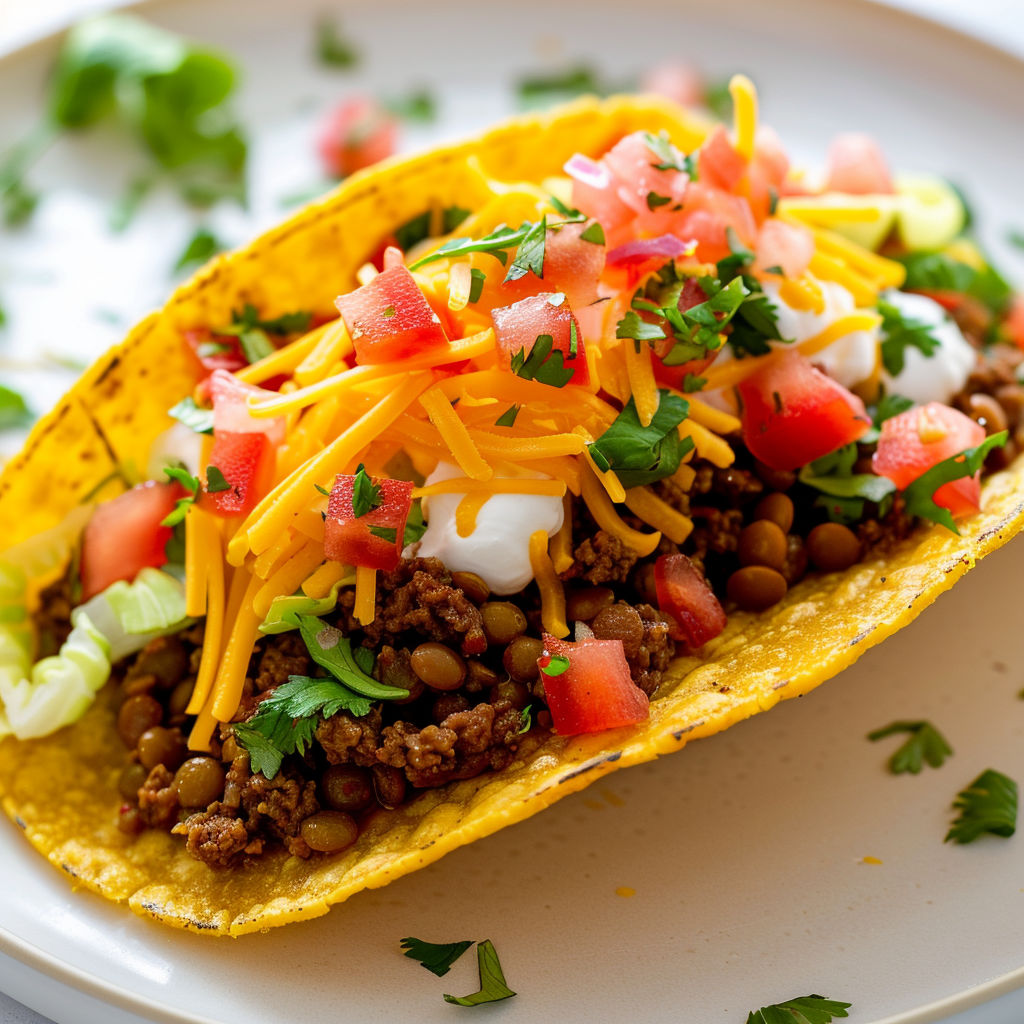 Un taco garni de bœuf et lentilles épicés avec tomates fraîches et coriandre, présenté sur un plateau rustique.