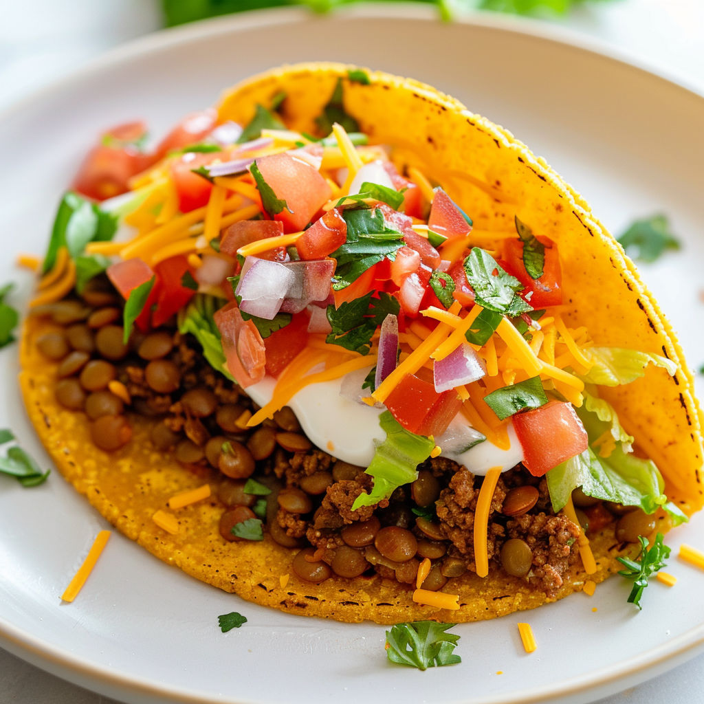Un taco bien garni mêlant lentilles, viande hachée et touches vertes de coriandre fraîche.