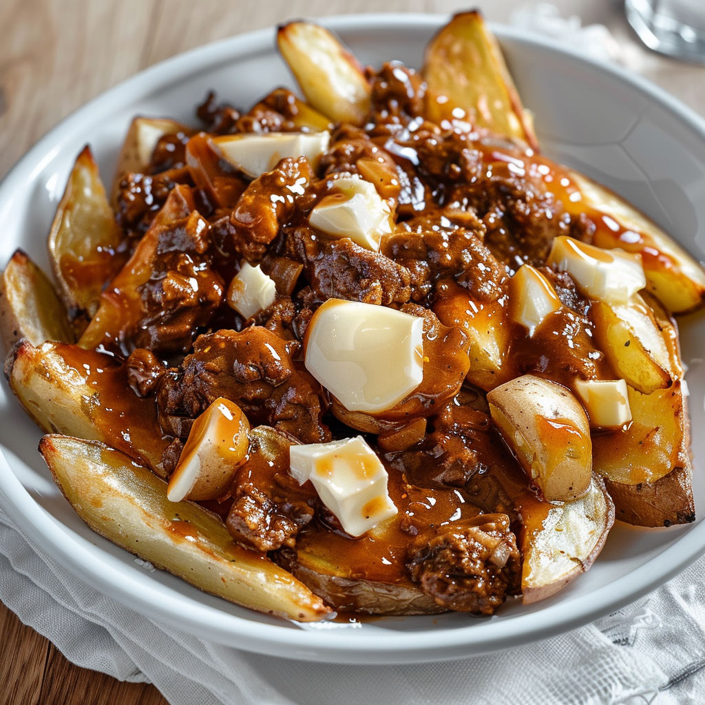 Une assiette appétissante de poutine maison avec bœuf haché et sauce fumée.
