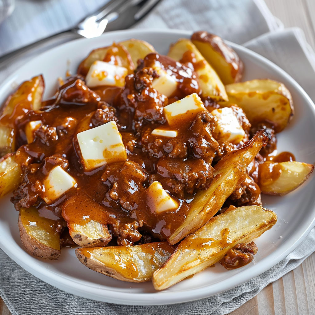 Une portion généreuse de poutine avec bœuf savoureux et fromage qui file.