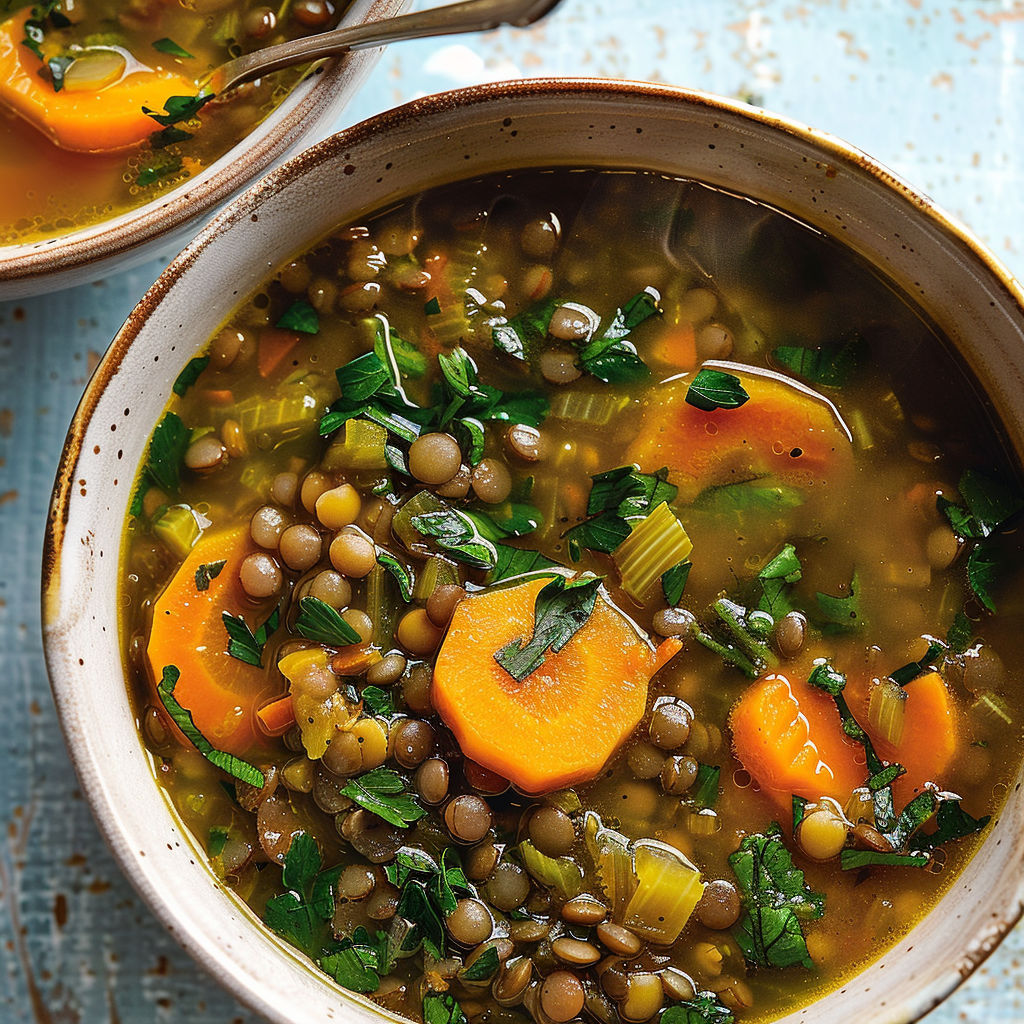 Une soupe maison aux lentilles avec fanes de carottes, un vrai retour aux sources.