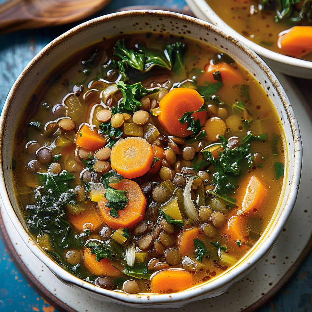 Une soupe maison zéro-déchet mêlant lentilles, carottes et leurs fanes aromatiques.