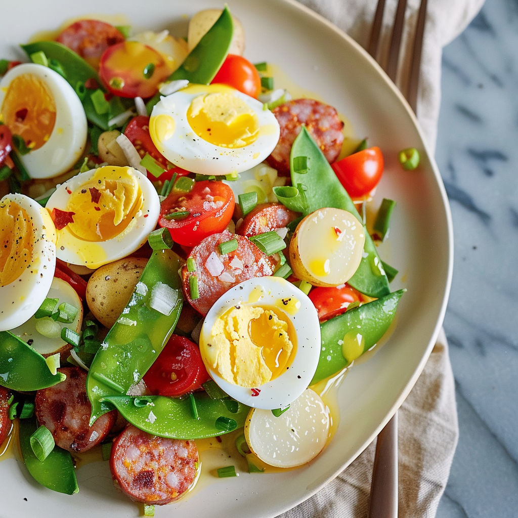 Une salade colorée aux œufs, chorizo, pois mange-tout et pommes de terre fondantes.