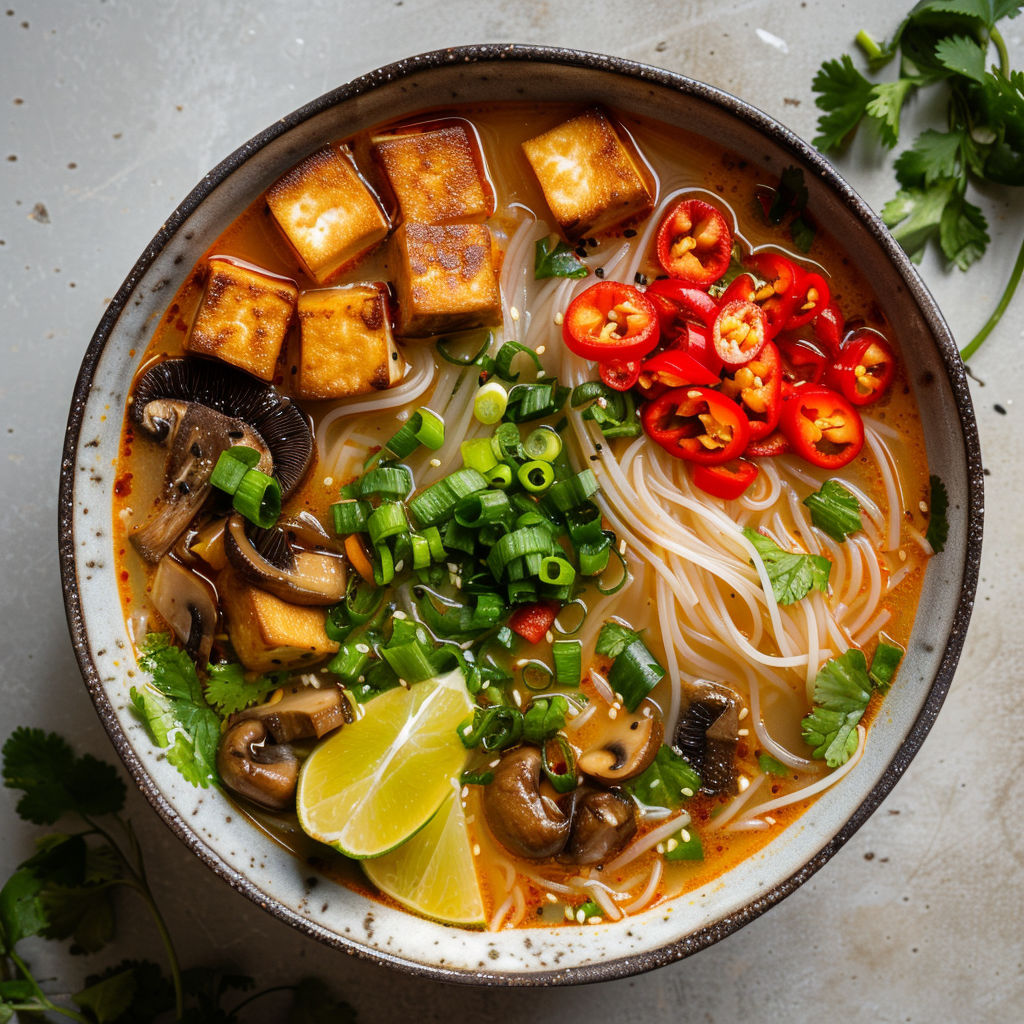 Une soupe miso réconfortante aux champignons variés et tofu soyeux, relevée d'une touche de lime.