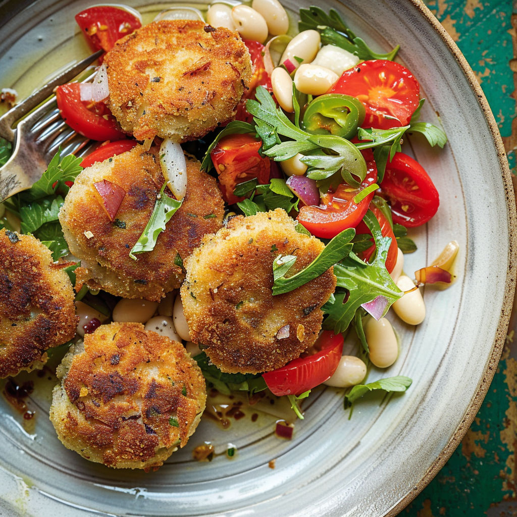 Un plat composé de haricots blancs, croquettes de sardines croquantes et tomates rôties.