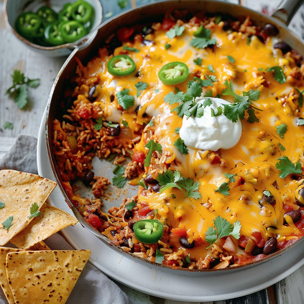 Plat tex-mex avec bœuf, riz, haricots noirs, cheddar fondu et tortillas croquantes.