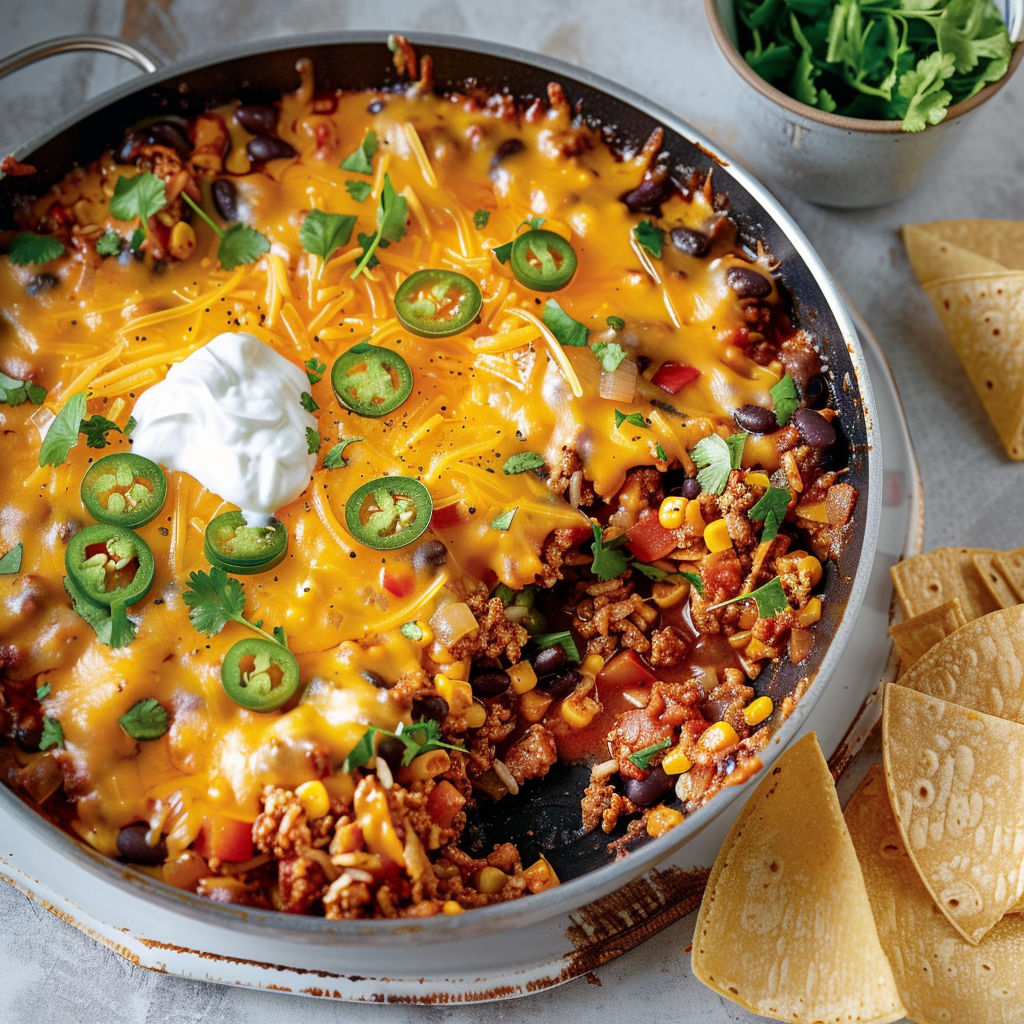 Un plat mexicain rempli de tortillas dorées, riz, fromage, épices et légumes variés.