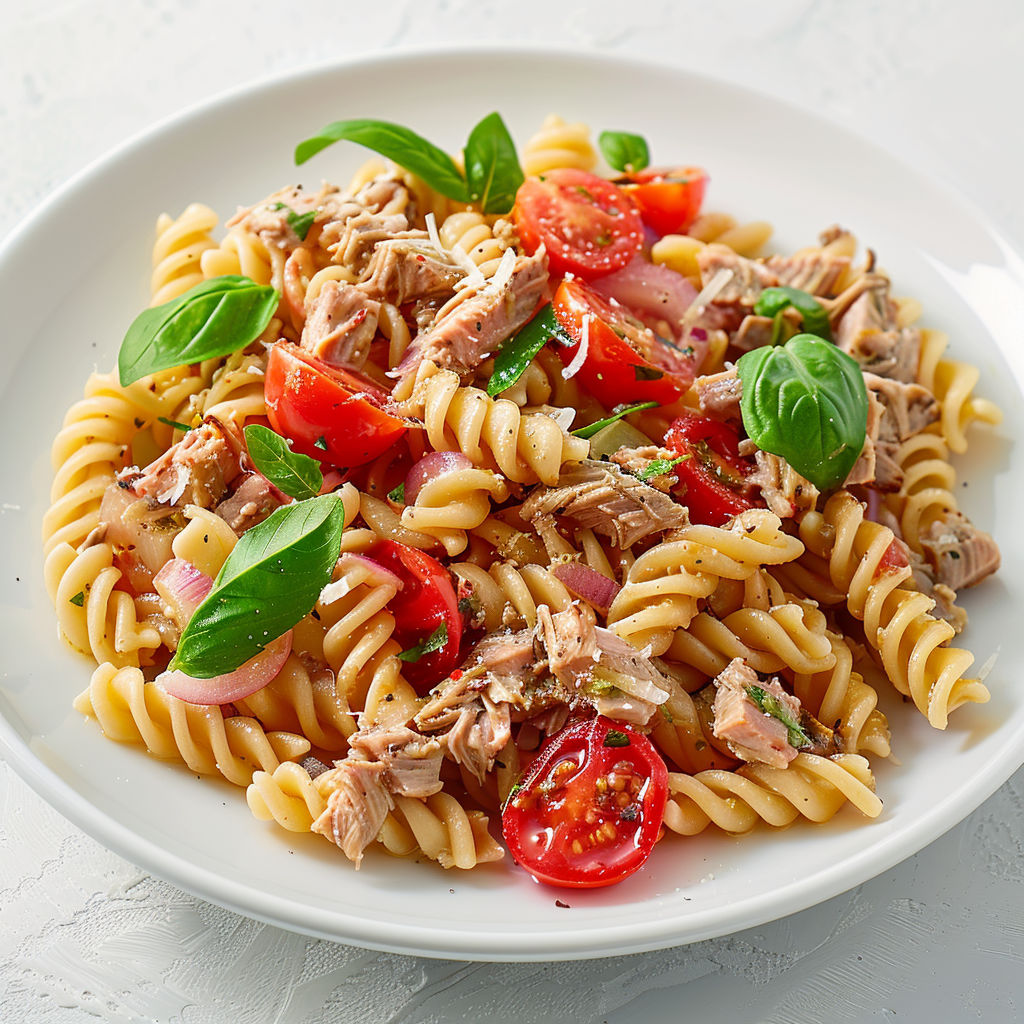 Des pâtes froides agrémentées de tomates, de basilic et d'épices.