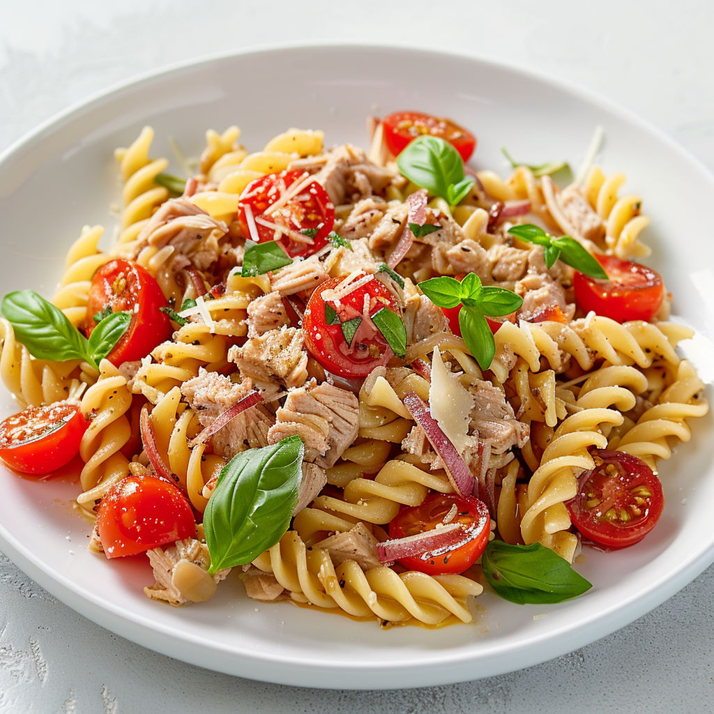 Une plate de spaghetti avec des tomates et des herbes.