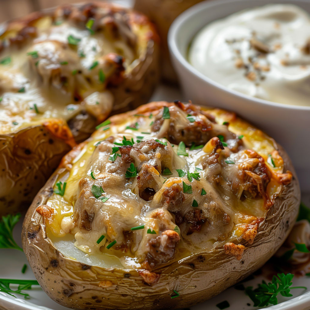 Des Pommes de Terre Garnies de Viande et Fromage, accompagnées d’une sauce citronnée, parfaites pour partager un bon moment de gourmandise.