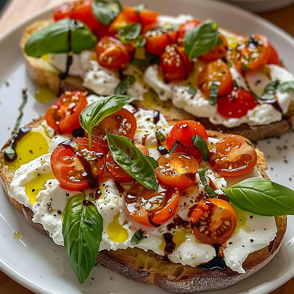 Bruschetta garnie de basilic frais, burrata fondante et tomate cerise, servie avec un trait de balsamique.
