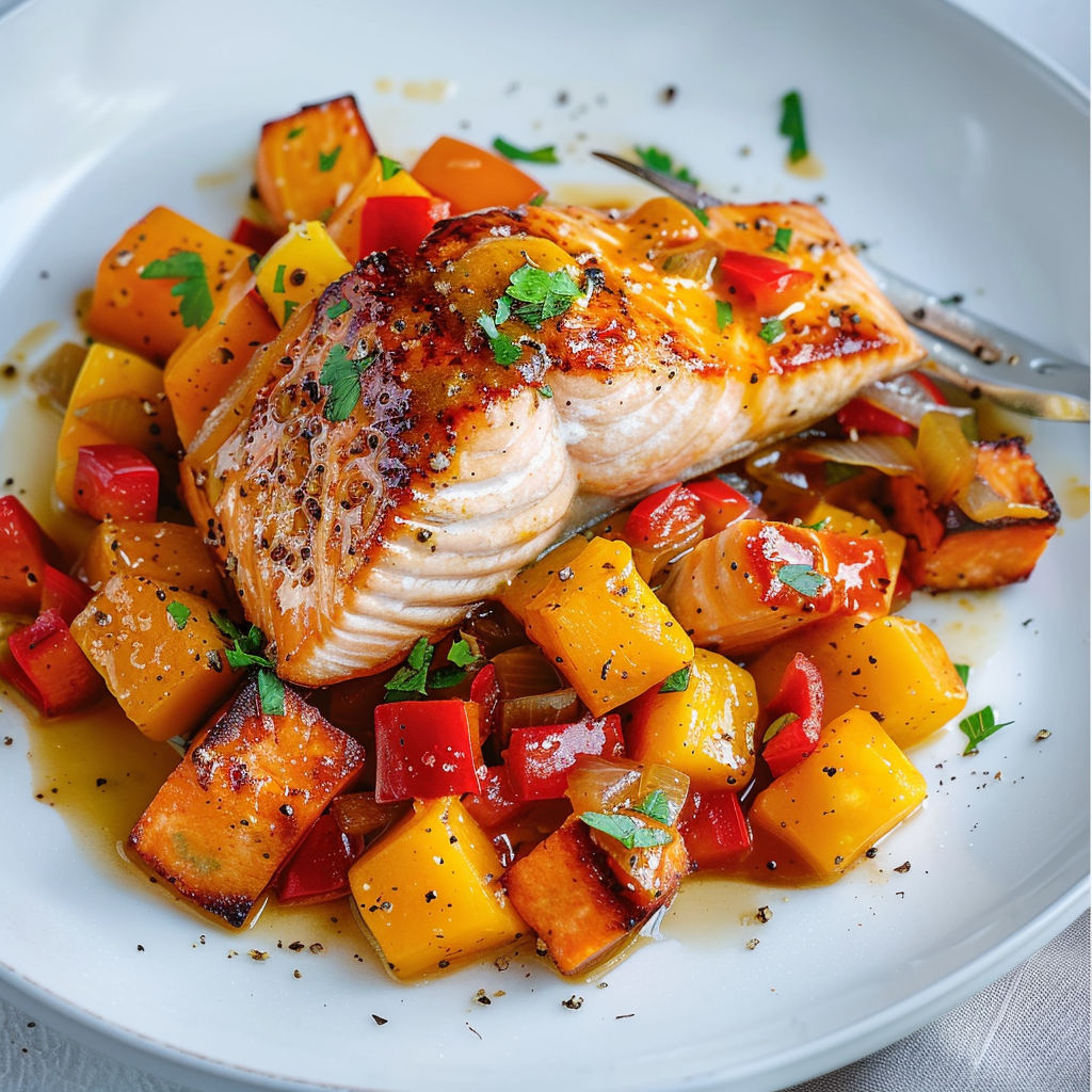 Saumon grillé avec chutney de mangue et légumes rôtis, une idée simple et savoureuse.