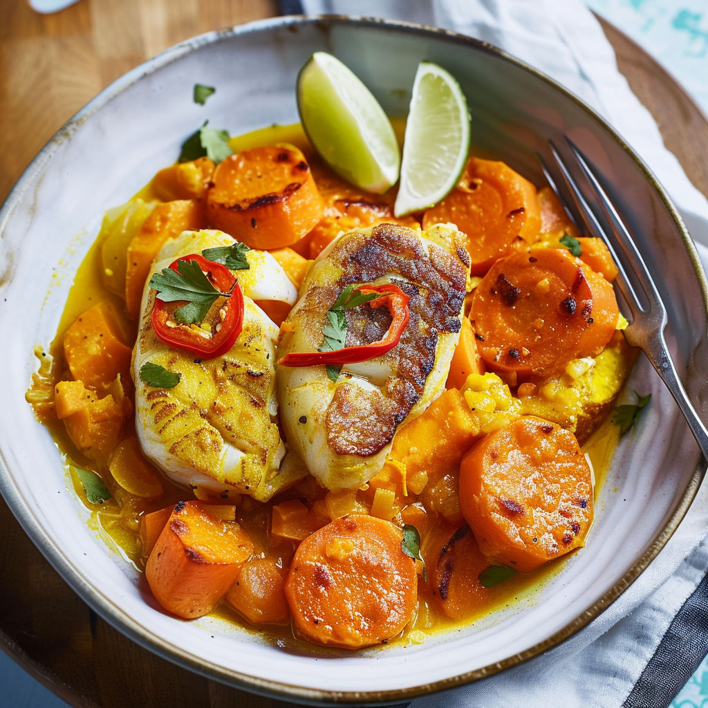 Un plat coloré de poisson mijoté avec des patates douces et carottes fondantes.