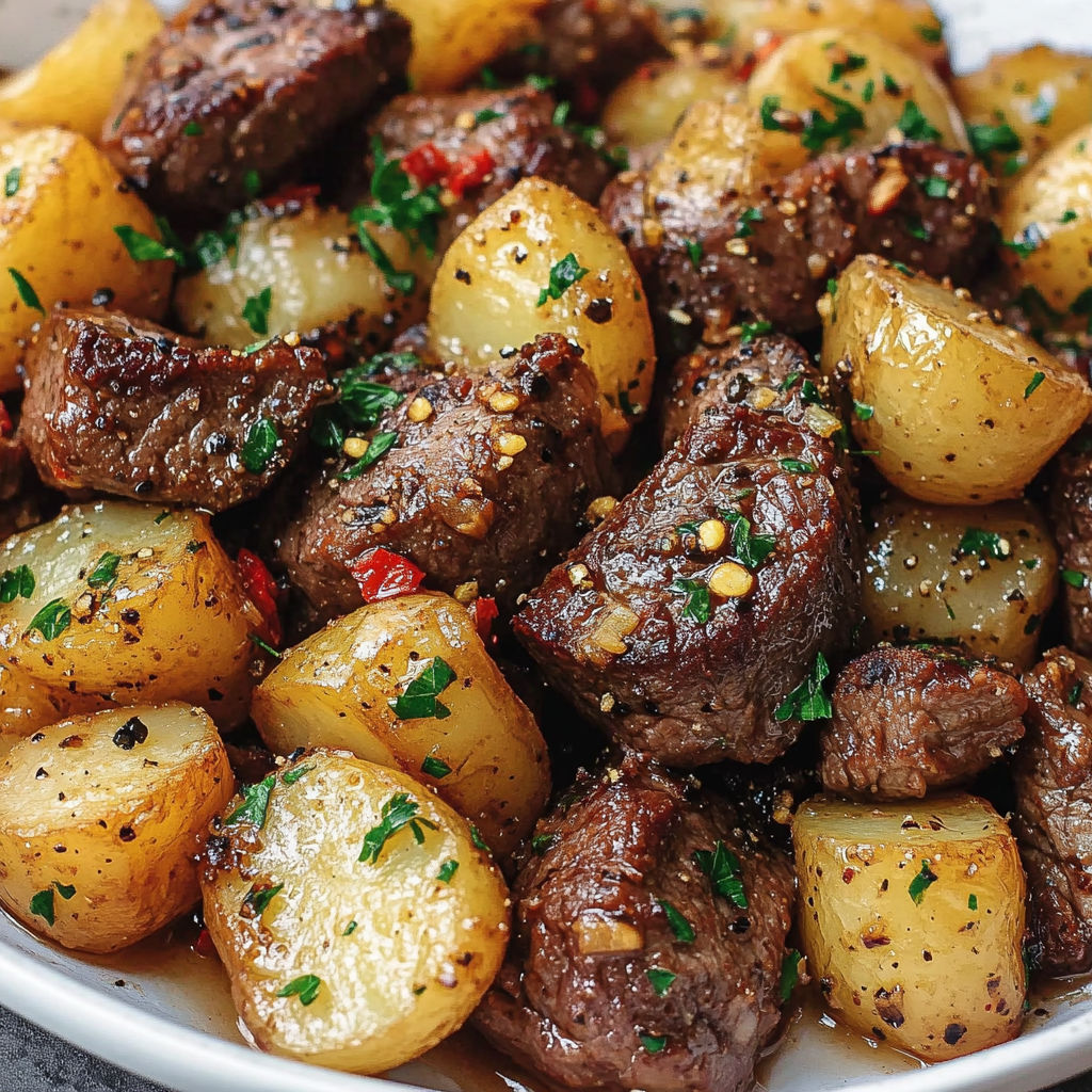 Un plat généreux de steak avec des pommes de terre rissolées et une touche d’herbes fraîches.