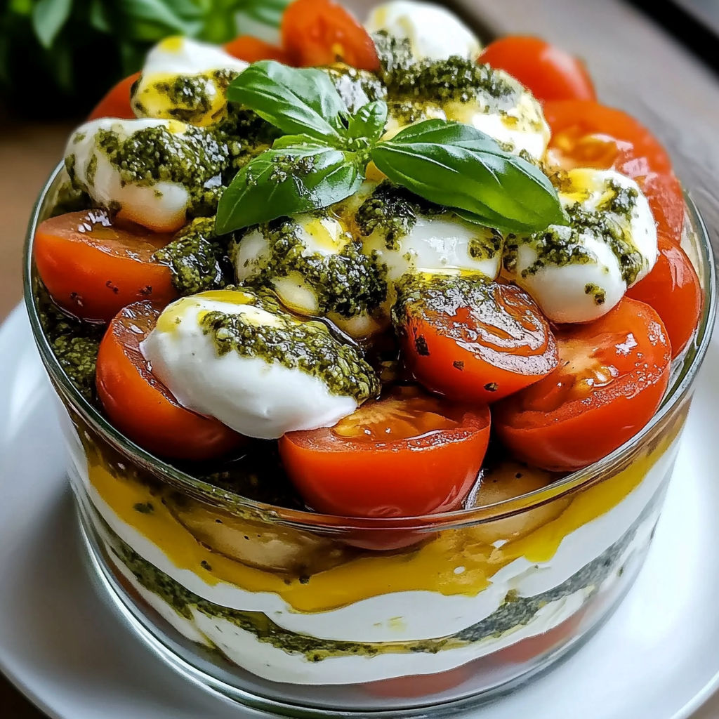 Un délicieux plat salé à base de tomates et mozzarella, orné de feuilles de basilic, dans un récipient transparent.